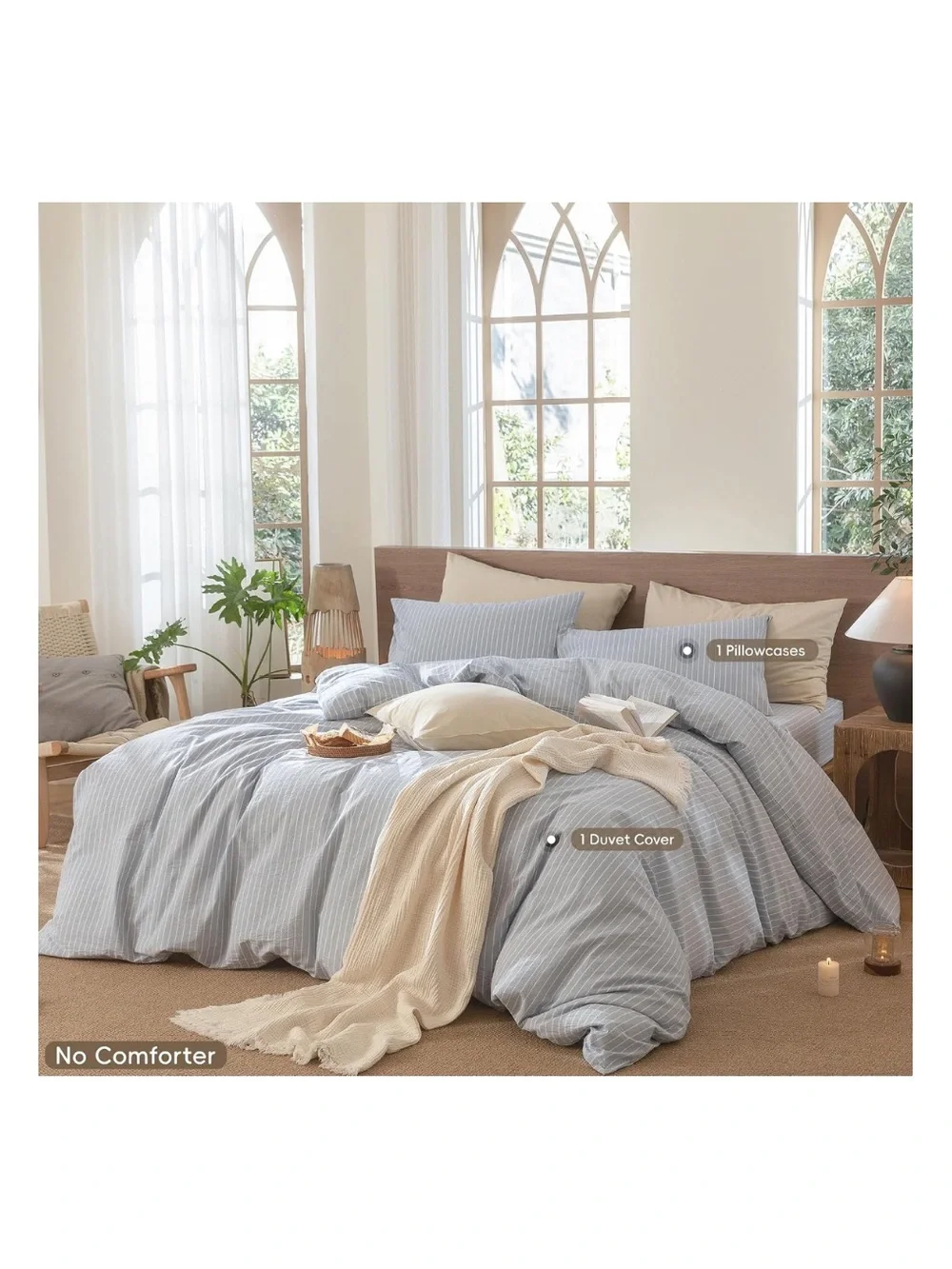 TWIN SIZE 100% Cotton Duvet Cover 2Pc Set Wide Stripes CORNFLOWER BLUE & WHITE